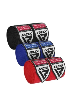 RDX Profesionalne Bandaže za Boks 450cm Set x3 – Crne, Crvene i Plave – Zaštitna Oprema